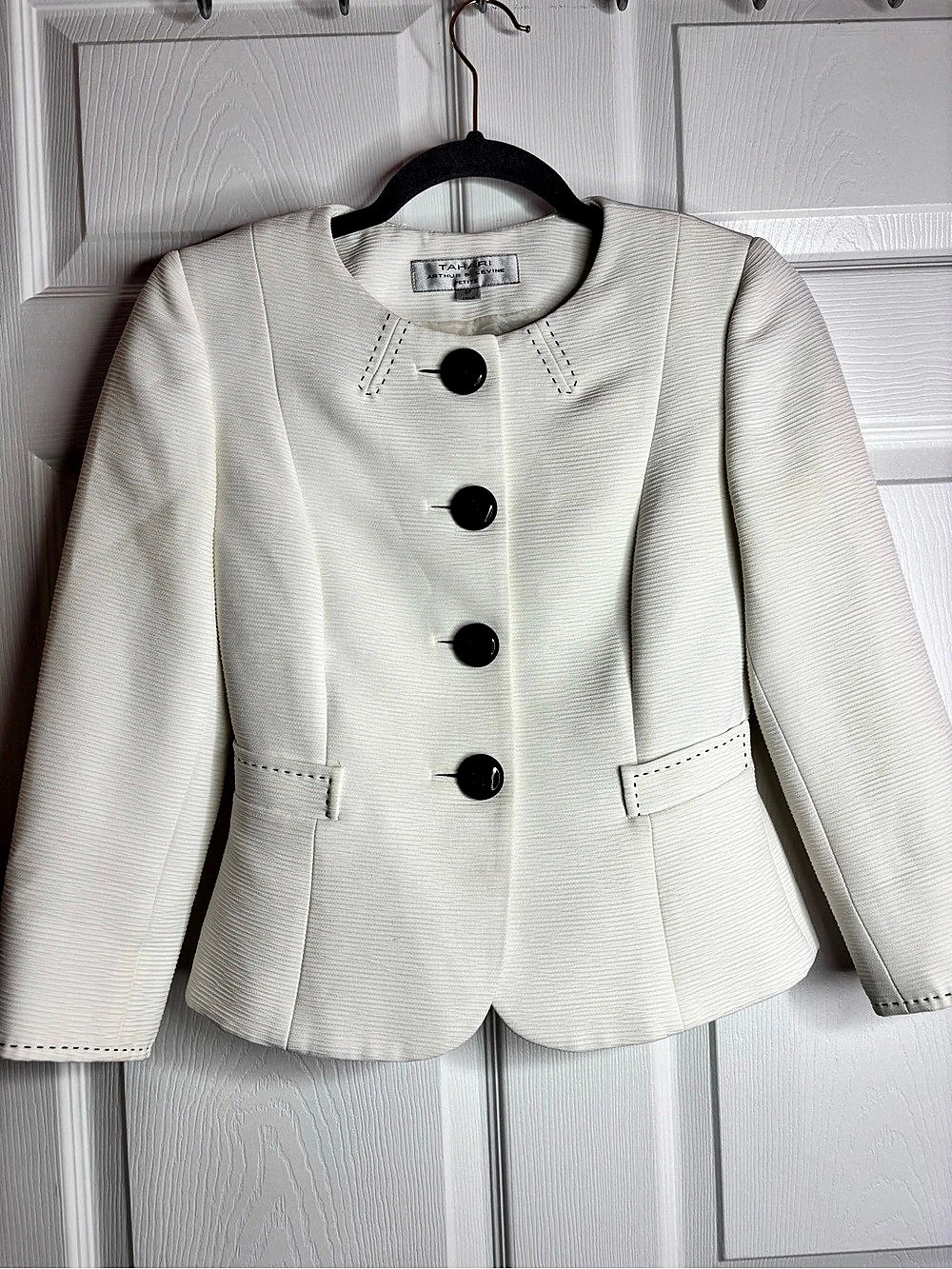 Tahari Arthur S Levine Petite Ivory Textured Peplum Jacket Blazer 0P